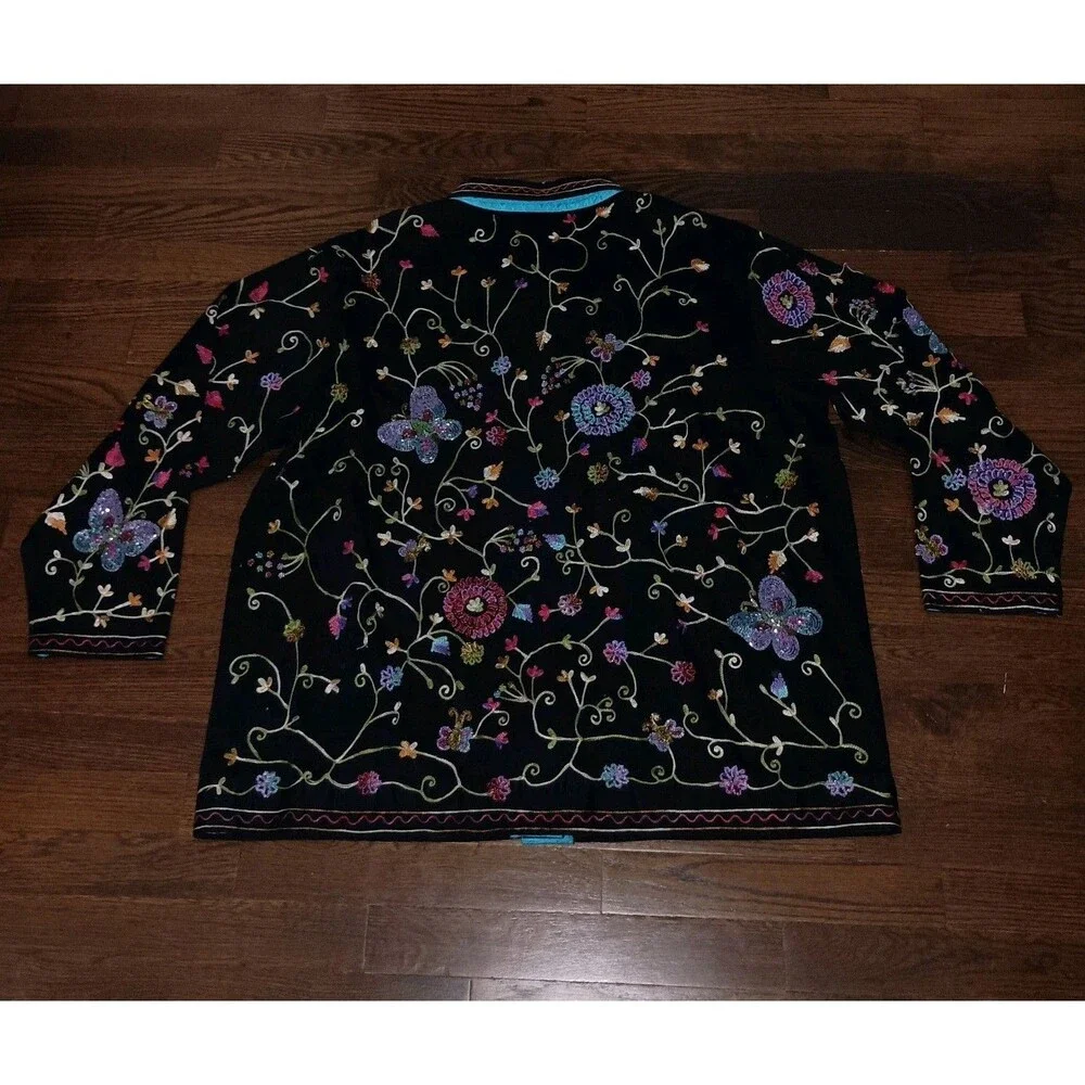 Quacker Factory Jacket Womens 1X 3/4 Sleeve Floral Butterfly Beaded Embellished